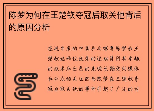 陈梦为何在王楚钦夺冠后取关他背后的原因分析