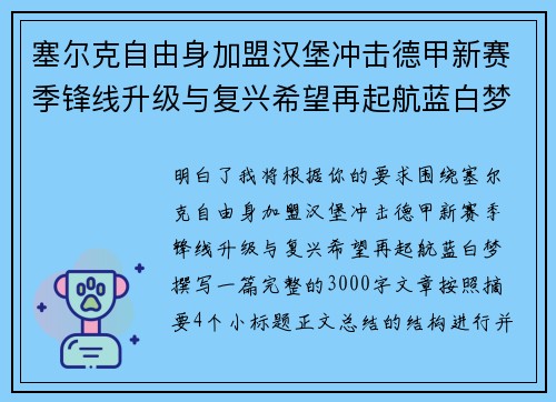 塞尔克自由身加盟汉堡冲击德甲新赛季锋线升级与复兴希望再起航蓝白梦