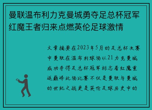 曼联温布利力克曼城勇夺足总杯冠军红魔王者归来点燃英伦足球激情